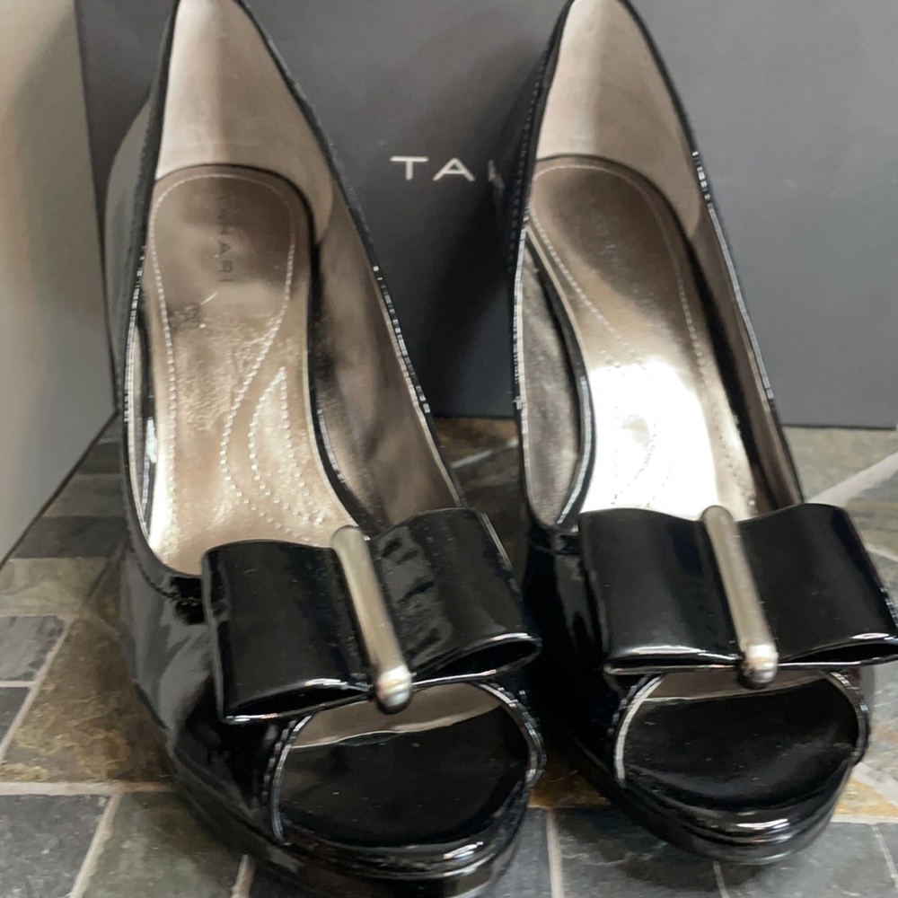 Tahari Relate Black Patent Peep Toe Heels